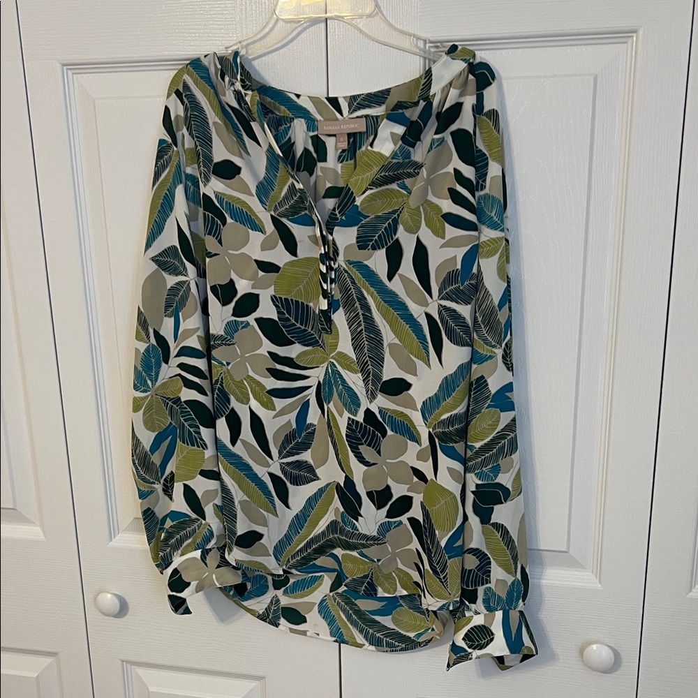 Banana Republic Leaf-Print Split-Neck Blouse in White, Blue & Green